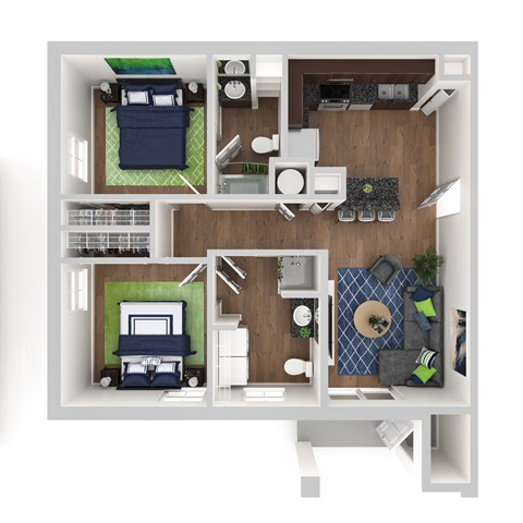 a 3d floor plan of an apartment with a bedroom and a living room