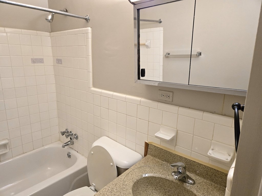 A white toilet sits next to a sink in a bathroom.