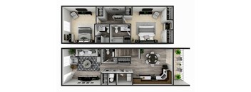 A 3D floor plan of a two bedroom townhome apartment