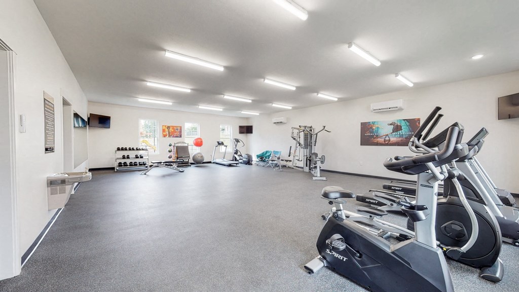 a gym with cardio machines and weights on the floor
