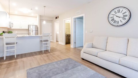 A white living room with a grey rug and a clock on the wall.
