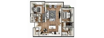 A top-down view of a modern apartment layout.