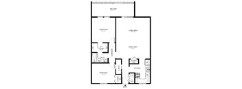 A floor plan of an apartment with a living area, two bedrooms, a bathroom, a kitchen, and a closet.