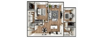 A top-down view of a modern apartment layout with a kitchen, living room, and bedroom.