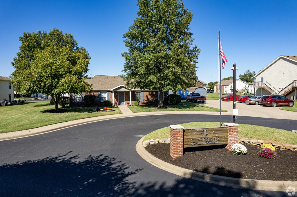 a roundabout in a neighborhood with a sign and an flag