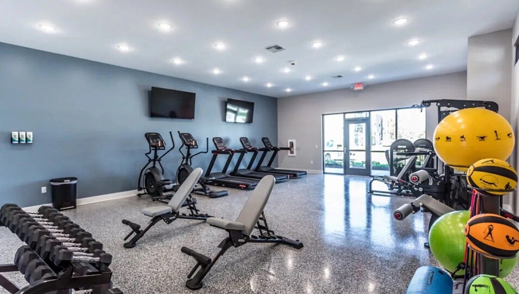 A gym with a variety of equipment including treadmills, weights, and exercise balls.