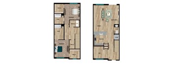 Two images of a floor plan for a house with two bedrooms and two bathrooms.