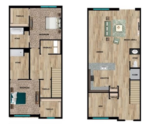 Two images of a floor plan for a house with two bedrooms and two bathrooms.