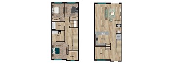 A floor plan of a two-bedroom apartment with a living room, kitchen, and bathroom.