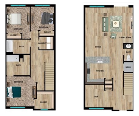 A floor plan of a two-bedroom apartment with a living room, kitchen, and bathroom.
