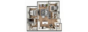 A top-down view of a modern, minimalist apartment with a central kitchen island and a living area with a sofa and a coffee table.