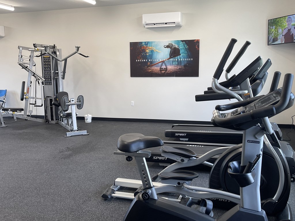 a gym with cardio equipment and weights on the floor