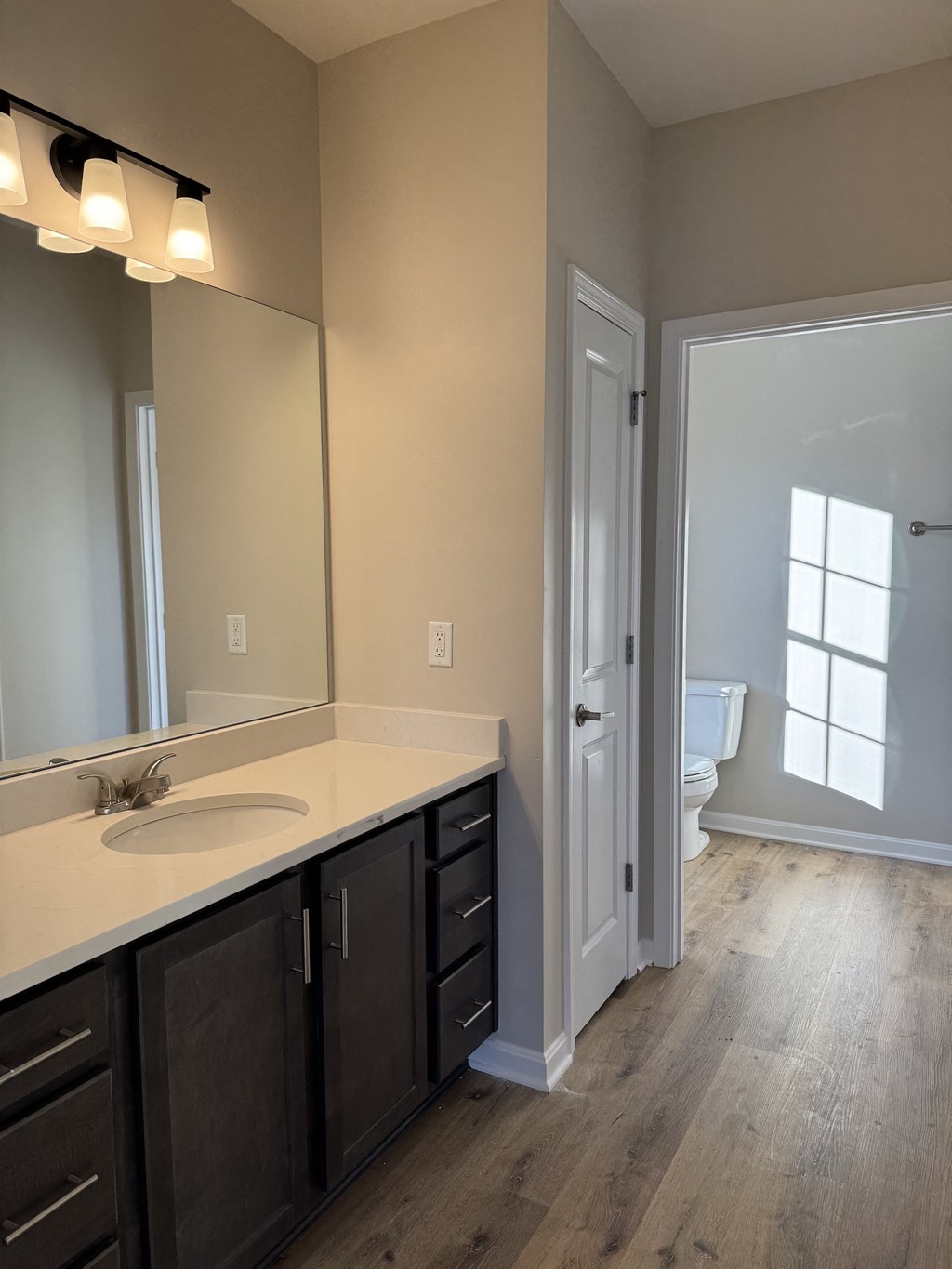 A bathroom with a sink, mirror, and wooden floors.