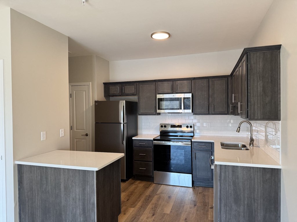 A kitchen with a black refrigerator, stove, and microwave.