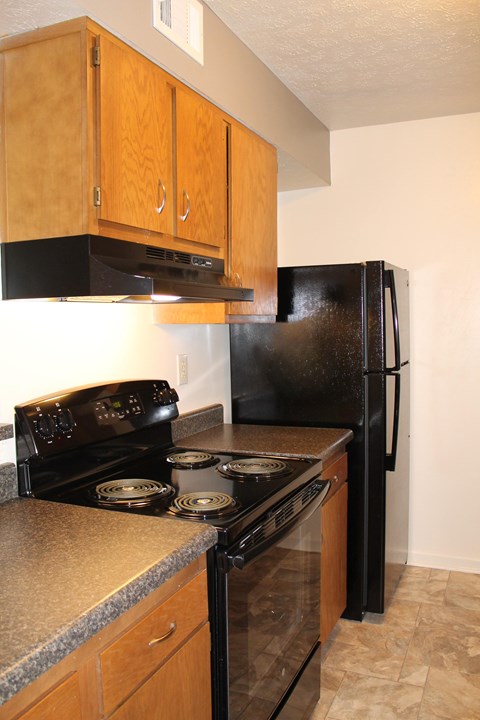 A black stove and refrigerator in a kitchen with wooden cabinets.