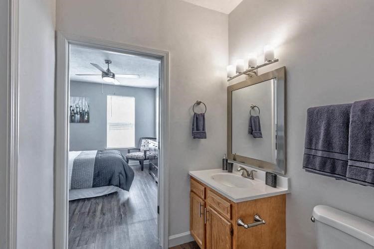 a bathroom with a sink and a mirror and a bedroom