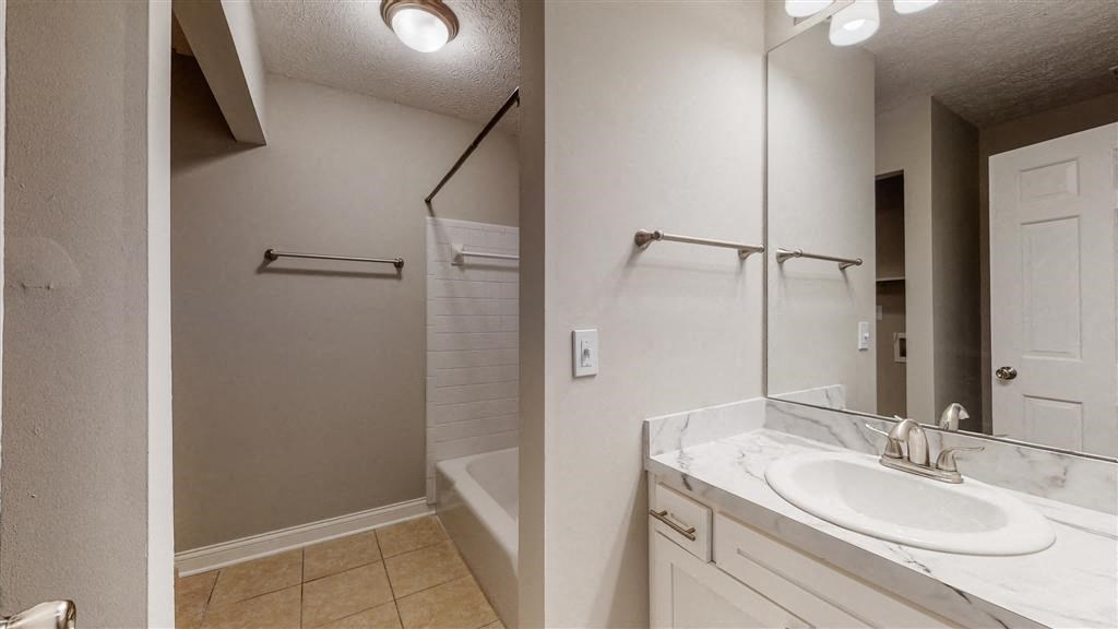a bathroom with a sink and a shower and a mirror