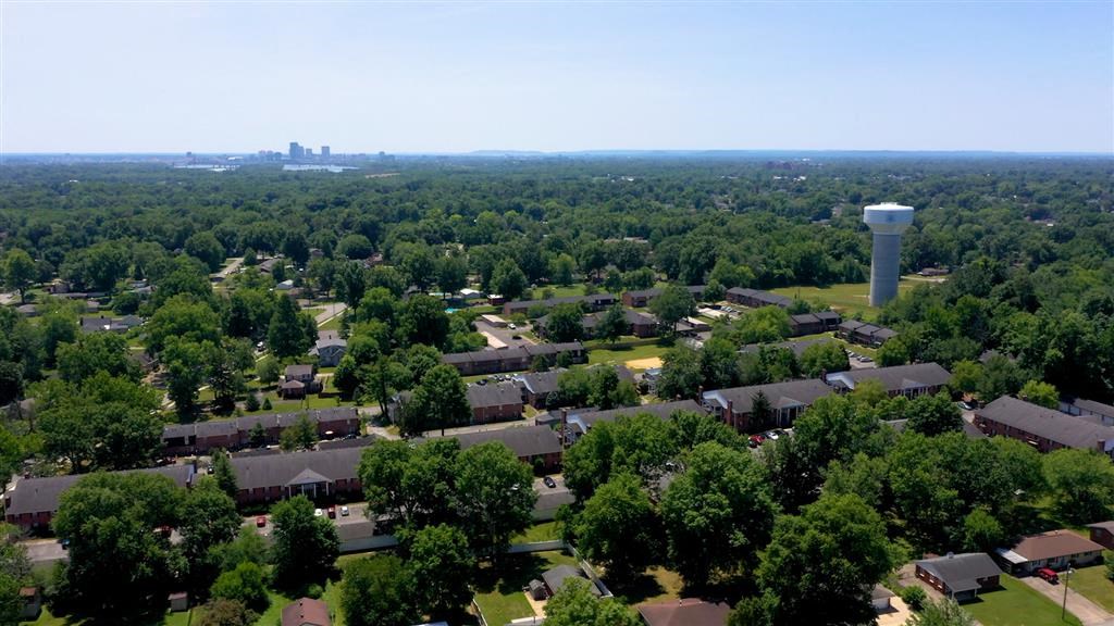 a neighborhood with houses and trees and a water tower