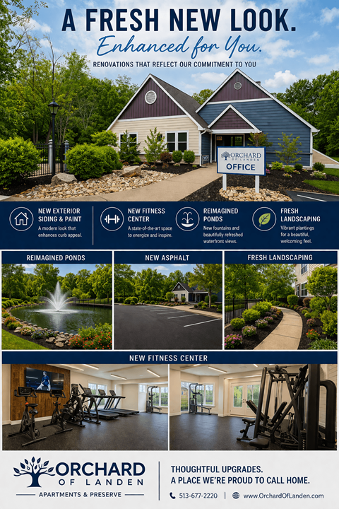 A poster advertising the Orchard of Landen apartments and their recent renovations.