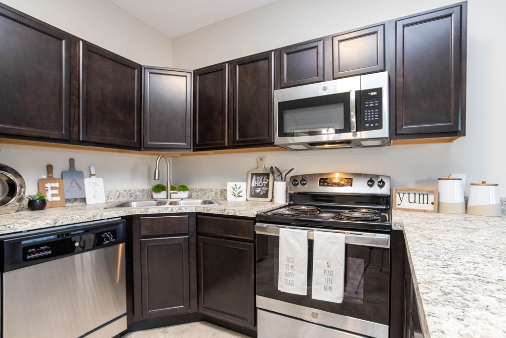 a kitchen with black cabinets and a stove and a microwave