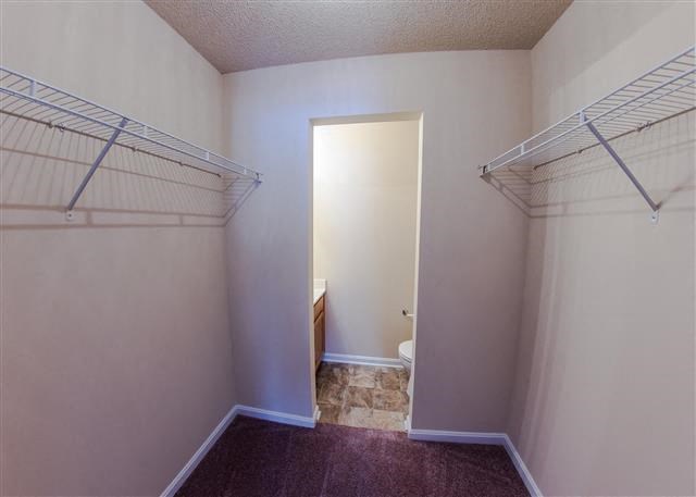 an empty bedroom with a walk in closet