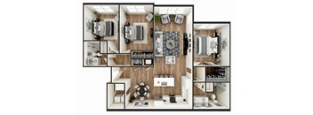 A series of images showing different layouts of a room with furniture.