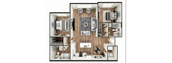 A top-down view of a modern, minimalist apartment layout.