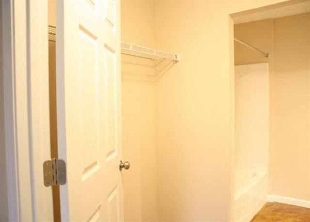 a bathroom with a closet and a white door