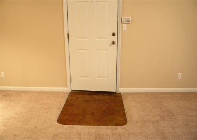 a room with a door and a rug in front of it
