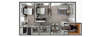 a rendering of a 3d floor plan with a bedroom and a bathroom