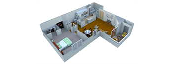 A 3D rendered image of a house layout.