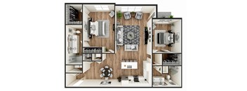 A top-down view of a modern apartment layout with a kitchen, living room, and bedroom.