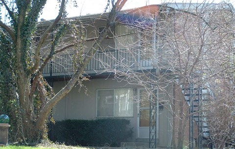 A tree in front of a building with a balcony.