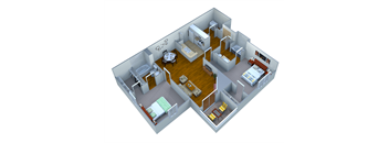 A 3D rendered image of a house layout.