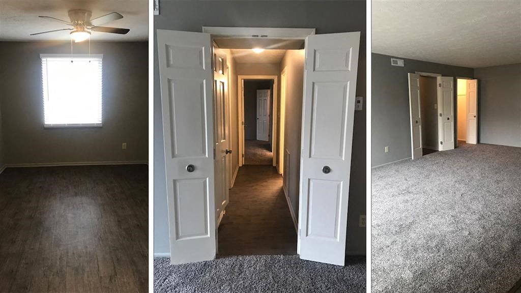 three different pictures of an empty room with doors