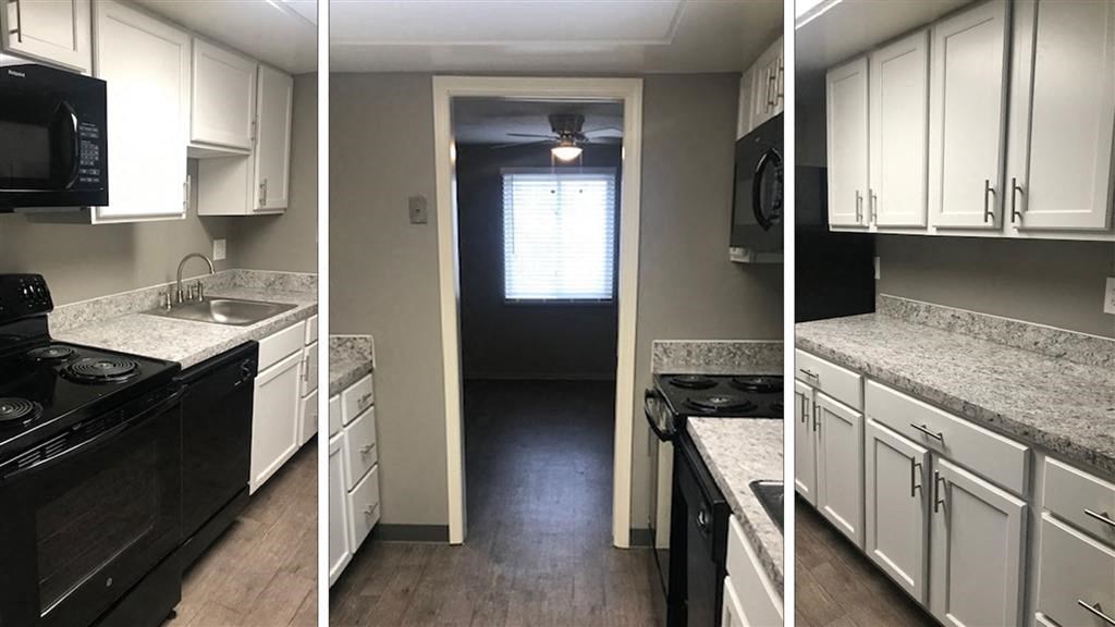 three pictures of a kitchen with white cabinets and black appliances