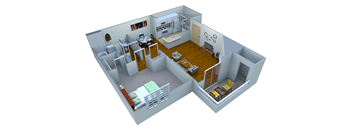 A 3D image of a small apartment with a kitchen, living room, and bedroom.