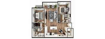 A top-down view of a modern apartment layout with a kitchen, living room, and bedroom.