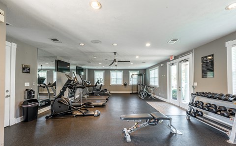 A gym with a variety of equipment including treadmills, weights, and a bench press.