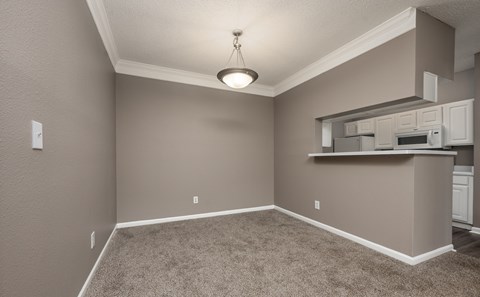 A kitchen area with a counter and cabinets.