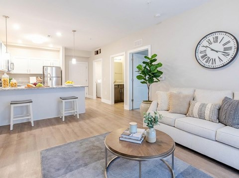 A living room with a white couch, a grey rug, and a clock on the wall.