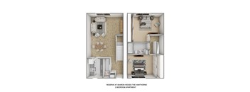 A diagram of a 2 bedroom apartment layout.