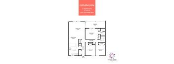 A floor plan for a 3 bedroom, 2 bath apartment with a living area, dining area, kitchen, and closets.
