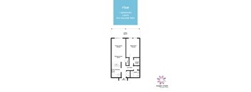A floor plan for a 1 bedroom, 1 bath, 910 square feet apartment.