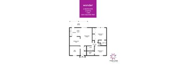 A floor plan for a property called Wonder by Spark Living, featuring 2 bedrooms, 2 baths, a den, and a living area.