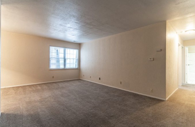 an empty living room with carpet and a window