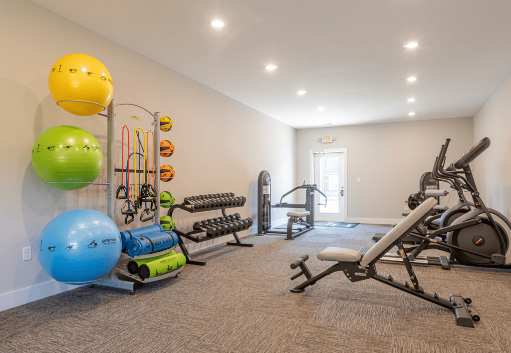 A well-equipped home gym with a variety of exercise equipment.