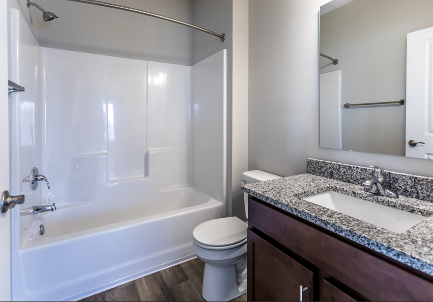 A white toilet sits next to a bathtub in a bathroom.