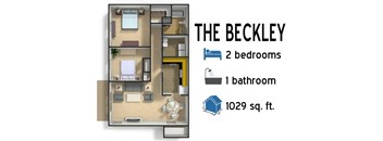 A floor plan of a small apartment with two bedrooms and one bathroom.
