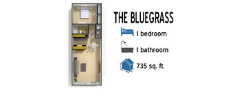 A graphic of a small house with a bedroom, bathroom and living room.